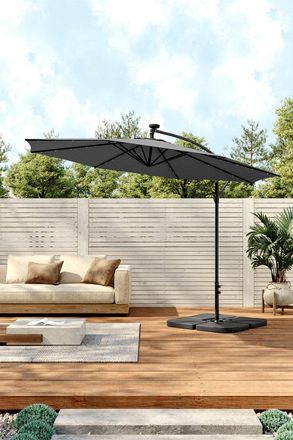 Living and Home Outdoor 32 LED Lighted Patio Umbrella with Crank Lift System, 2 Bases Set in Dark Grey