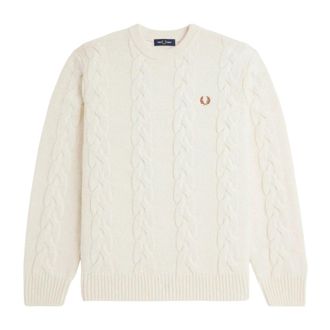 Fred Perry Gebreide wollen trui - Dames - Ronde hals truien - Beige - L - Wol - Truien & Vesten