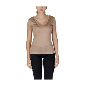 Guess Tops, Dames, Beige, XS, Beige Lyocell Korte Mouw Top