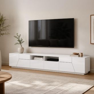 Dmora Mueble Tv Para Sal&oacute;n, Made In Italy, Mueble Tv Con 4 Puertas Geom&eacute;tricas Y 2 Cajones, 260x43h46 Cm, Blanco Brillante, Con Embalaje Reforzado - Dmora