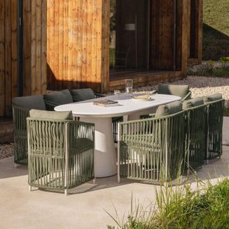 Sklum Set De Mesa Ovalada 220x95 Cm En Cemento Noemi Y 8 Sillas De Jard&iacute;n Con Reposabrazos En Aluminio Y Cuerda Trenzada Sophie Sklum