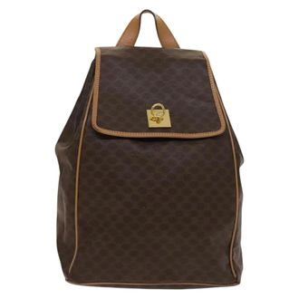 Celine Vintage Drawstring Flap Backpack Macadam Coated Canvas Brown Canvas Backpack Bag (Pre-Owned)