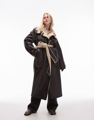 Topshop faux leather oversized shearling trench coat in dark brown