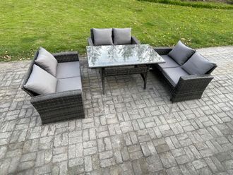 Fimous 6 Seater Rattan Wicker Garden Furniture Patio Conservatory Sofa Set Indoor Outdoor with Dining Table Double Seat Sofa in Dark Grey