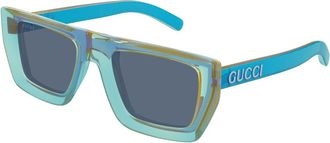 Gucci Felgekleurde Vierkante Zonnebril met Opvallende Spoiler - Heren - Zonnebrillen - Blauw - 51 MM - Accessoires