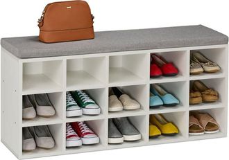 Relaxdays Relaxdays - Shoe Bench, 15 Compartments, 50x105x30.5 cm, Padded Seat, for Hallway & Bedroom, Footwear Storage, White/Grey