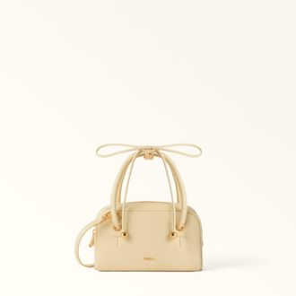Furla Poppy Borsa A Mano Cremino Beige Pelle Pieno Fiore Diamond + Pelle Di Vitello Sidney Donna