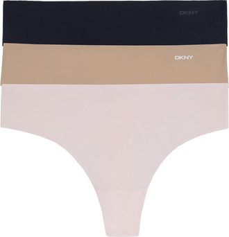 DKNY Litewear Cut Anywhere 3-Pack Thongs in Black Glow Pearl Cream at Nordstrom, Size X-Large