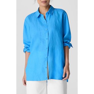 Eileen Fisher Classic Long Sleeve Organic Linen Button-Up Shirt in Azure at Nordstrom Rack, Size Medium P