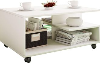 ebuy24 Mesa De Centro De Madera Vcm Simple Ruedas Suaves Dimensiones Aprox. Al. 41 X An. 80 X P. 50 Cm Mesa De Centro Enrollable - Stango L (blanco)