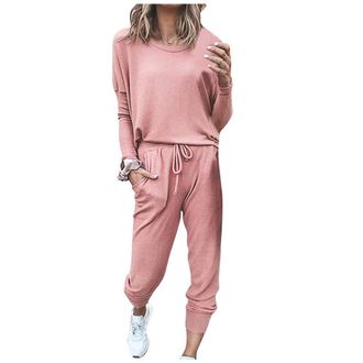 Generic Tracksuit Womens Full Set 2025 Oversized Solid Color Long Sleeve Crew Neck Pullover Tops and Long Pants Tracksuit Lounge Wear Sets Casual Co Ord Sets 