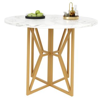 STILVORA Mesa De Comedor Redonda En Mdf Y Metal Con Motivo Marmoleado, Patas Ajustables - 80&times;80&times;76 Cm, Dorado