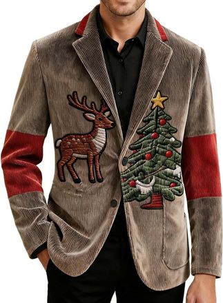 Generic Mens Christmas Blazer Corduroy Jacket Ugly Christmas Blazer Jackets Xmas Festive Costume Slim Fit Single-Breasted Suit Jacket Novelty Xmas Tuxedo Holi