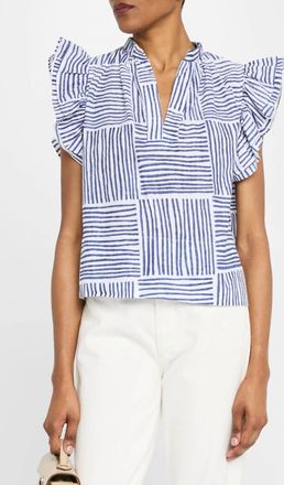 Finley Remy Stripe Ruffle-Sleeve Top In Blue