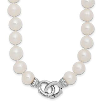Diamond2Deal Sterling Silver 10mm White Freshwater Cultured Pearl and CZ Clasp Adjustable Necklace 18