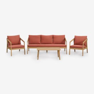 Sklum Sklum - Conjunto De Jard&iacute;n Con Sof&aacute; De 3 Plazas, 2 Sillones Y Mesa De Centro En Madera De Acacia Y Cuerda Trenzada Kaela