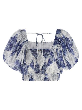Twin-Set Floral Lozenge-Print Ramie Blouse - Blue