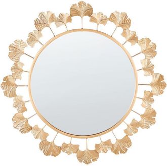 Beliani Espejo Decorativo Glamuroso Redondo 60 Cm Hojas De &Aacute;rbol De Ginkgo Sala De Estar Pasillo Dorado Codolet
