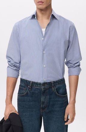 Mango Slim Fit Pinstripe Cotton Button-Up Shirt in Blue at Nordstrom, Size X-Large