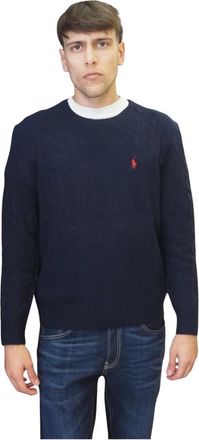 Ralph Lauren Kabelgebreide trui van wol-cashmere - Heren - Ronde hals truien - Blauw - M - Wol - Truien & Vesten