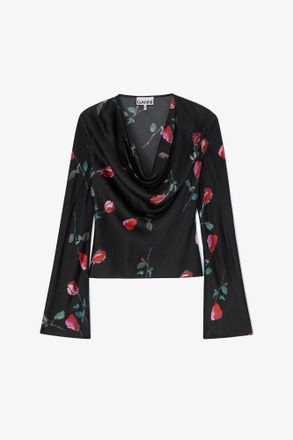 Ganni Black Printed Satin Blouse - Size 34 Viscose