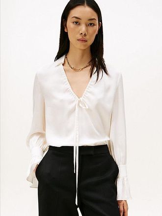 Tommy Hilfiger Sateen Ruffle Cuff Relaxed Fit Blouse