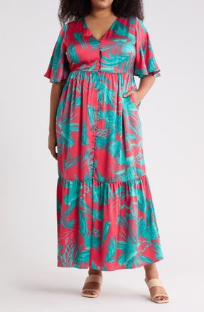 Sugarlips Palm Tropics Pismo Button Maxi Dress in Pink-Green at Nordstrom, Size 1 X