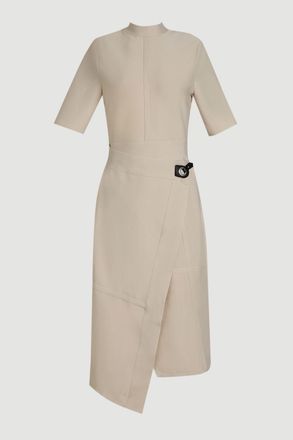 Karen Millen Womens Figure Form Bandage Asymmetric Knit Midi Dress - Beige - Size X-Small