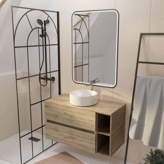 Aurlane Aurlane - Mueble De Ba&ntilde;o 100cm Efecto Roble 2 Cajones Lavabo Blanco Espejo Led 60x80