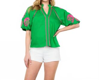 THML Clothing Embroidered Puff Sleeve Top In Green