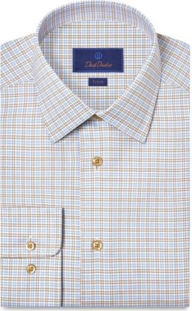 David Donahue Trim Fit Check Cotton Twill Dress Shirt in Blue/Chocolate at Nordstrom, Size 16.5 - 32