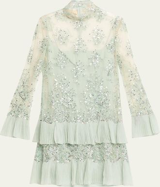 Valentino Garavani Floral Embroidered Long-Sleeve Ruffle Mini Dress