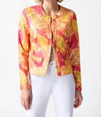Joseph Ribkoff Foiled Suede Floral Print Fitted Jacket In Pink/multi