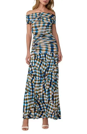 Diane Von F&uuml;rstenberg Cynthia Plaid Off the Shoulder Drop Waist Dress in Picnic Plaid Corfu at Nordstrom, Size X-Small