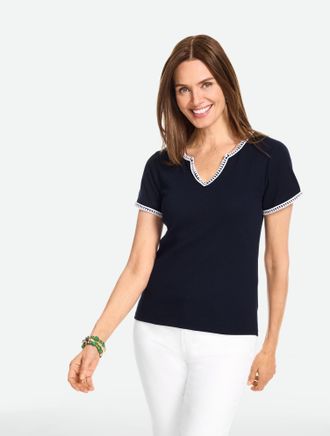 Talbots Plus Petite - Whipstitch Short Sleeve Top - Blue - 1X Talbots