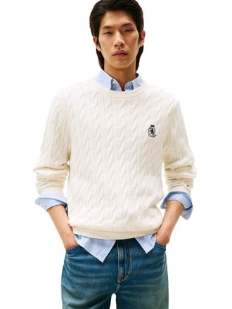 Tommy Hilfiger Mens Crest Cable Knit Crewneck Sweater Lightweight Pullover, Ivory Petal, Medium