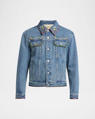 Valentino Garavani Mens Embroidered-Trim Denim Jacket