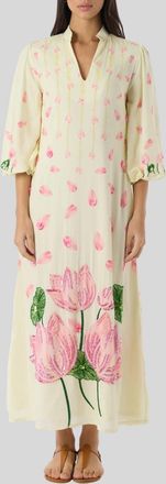 Verandah Hand Beaded Blooming Lotus Midi Dress In Ivory