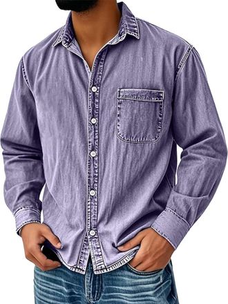 Generic Mens Vintage Washed Denim Shirt Classic Long Sleeve Button Down Shirt Retro Workwear Style with Breast Pockets Casual Slim Fit Denim Top Modern Design