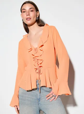 Icone Womens Tie-front and ruffled-edge sheer chiffon blouse