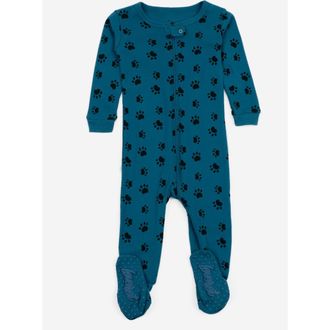 Leveret Footed Cotton Pajamas Matching Family Coordinated Prints in Dog Paw Teal Blue at Nordstrom, Size 12-18M