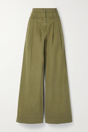 Ulla Johnson Constance Pleated Cotton-canvas Wide-leg Pants - Green
