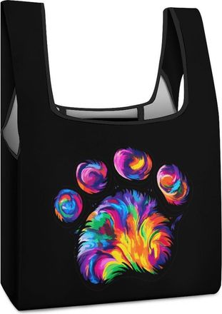 Generic Tie Dye Dog Paw Shopping Bag Reusable Grocery Tote Bag Foldable Handbag for Travel Picnic