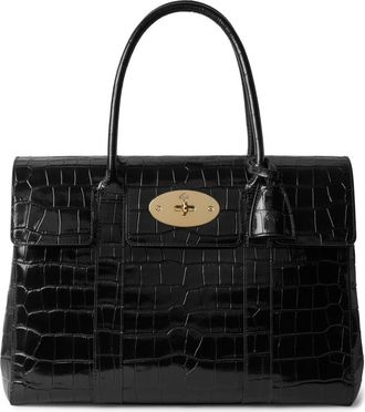 Mulberry Small Bayswater Shiny Croc Embossed Leather Satchel in Black at Nordstrom