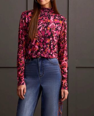 Tribal Lined Turtleneck Top In Magenta Haze
