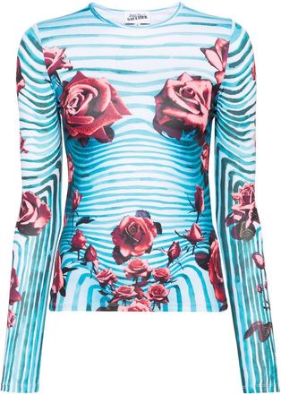 Jean Paul Gaultier Morphing floral-print top - women - Polyester/Elastane - S - Blue