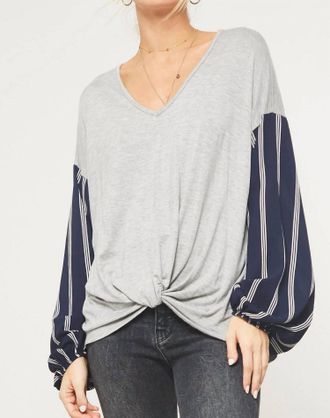 Promesa Sunday Funday Stripe Print Sleeve Top In Grey/navy