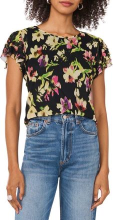 Vince Camuto Floral Print Ruffle Sleeve Mesh Top in Rich Black at Nordstrom, Size Xx-Large