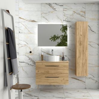 Cygnus Bath Mueble De Ba&ntilde;o Morai 80 Cm Roble Con Tirador Negro Lavabo Sobre Encimera
