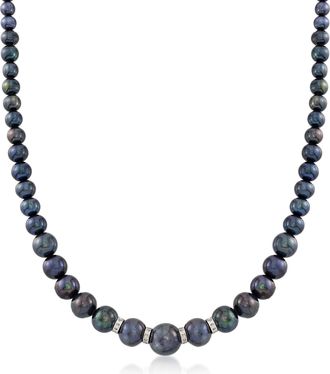 Ross-Simons 5-11.5mm Graduated Black Cultured Pearl Necklace With. Diamonds and Sterling Silver